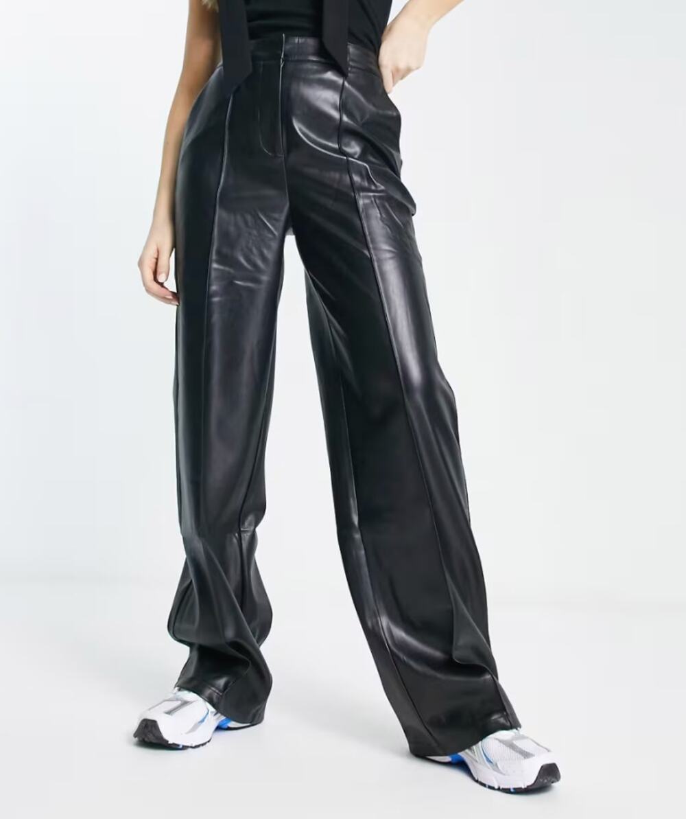 NA-KD x Angelica Blick Black Faux Leather PU Mid Rise Pants, size 36/US 6/S